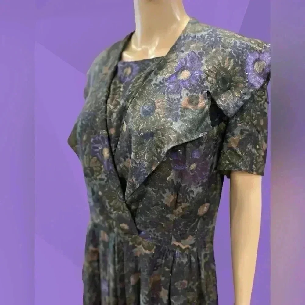 Vintage 70’s/80’s handmade dropwaist modesty black floral dress-XL AS IS - Picture 6 of 10
